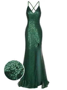 1920s V-Neck Side Slit Sequined Sling Dress