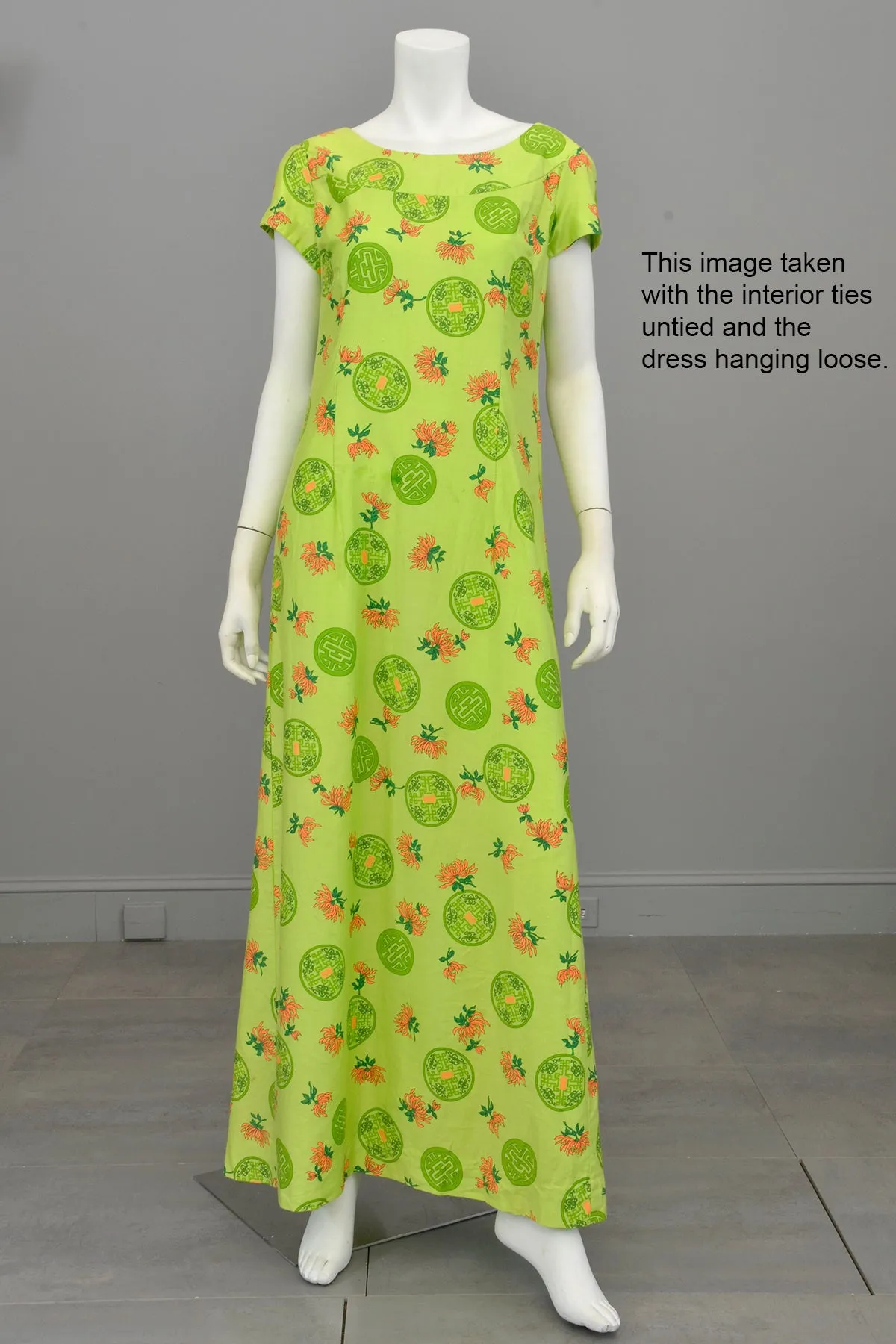 1960s 70s Hawaiian Lotus Print Draped Back Babydoll Maxi Dress