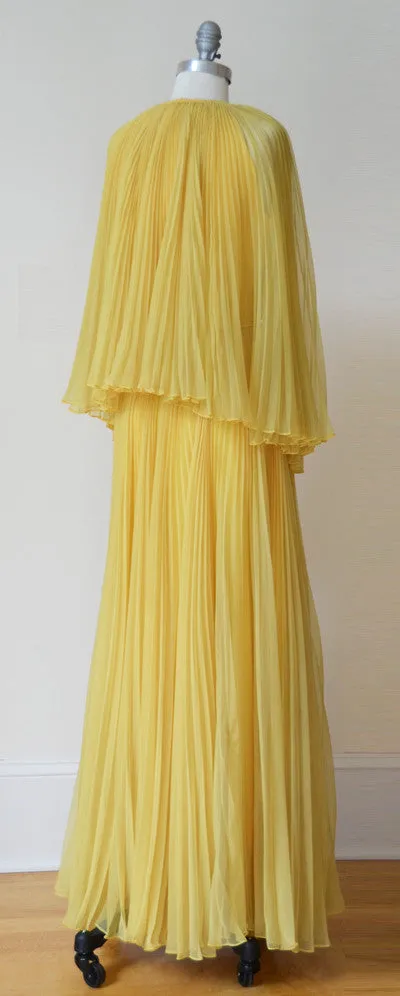 1960s MOD Pleated Marigold Chiffon Maxi Dress and Cape by Miss Bergdorf