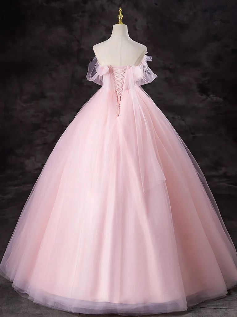 A-Line Tulle Pink Long Prom Dress, Pink Long Sweet 16 Dress