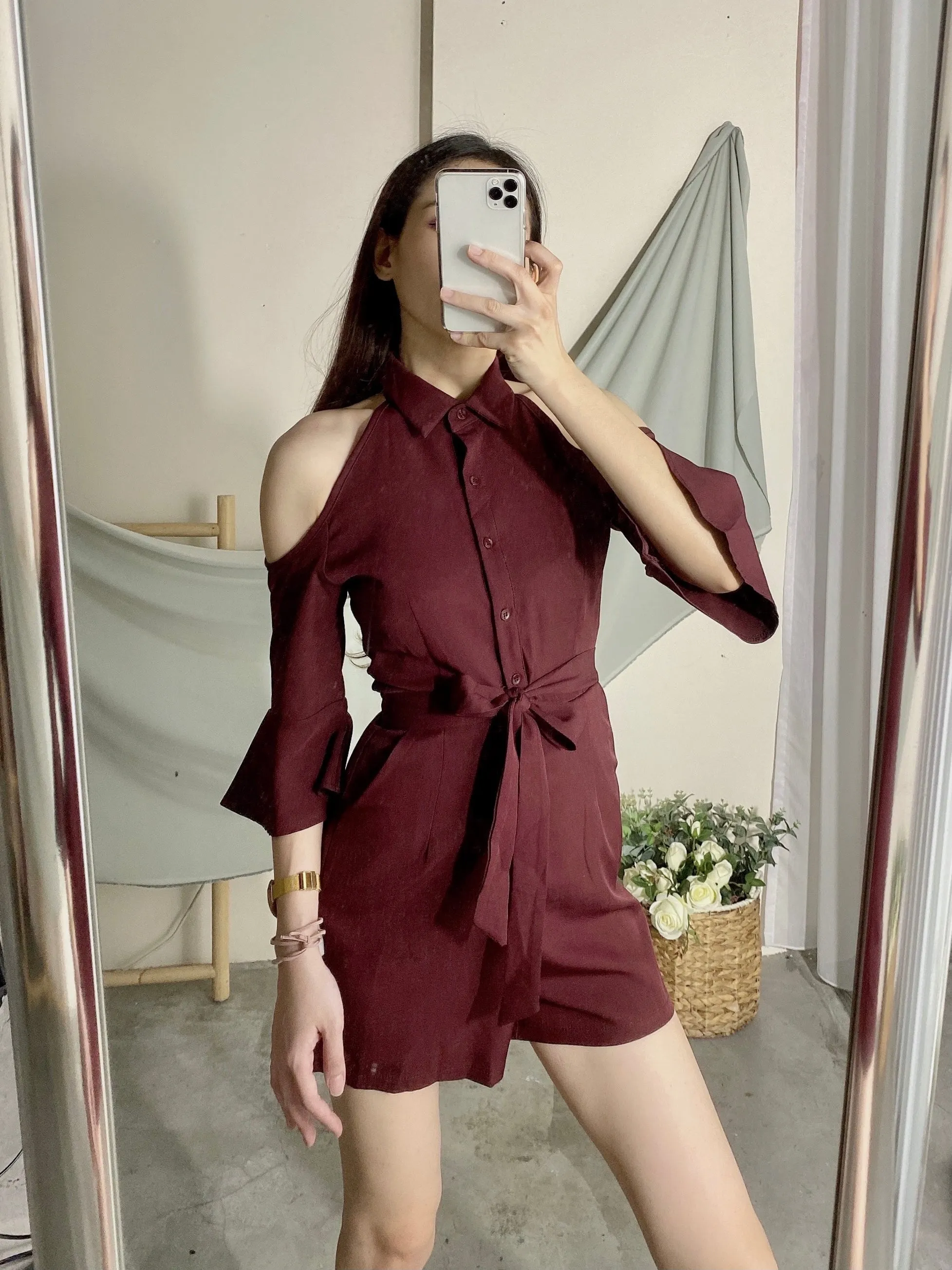 ACEWIN Cold Shoulder Tie Waist Collar Romper (Size S-L) 702983