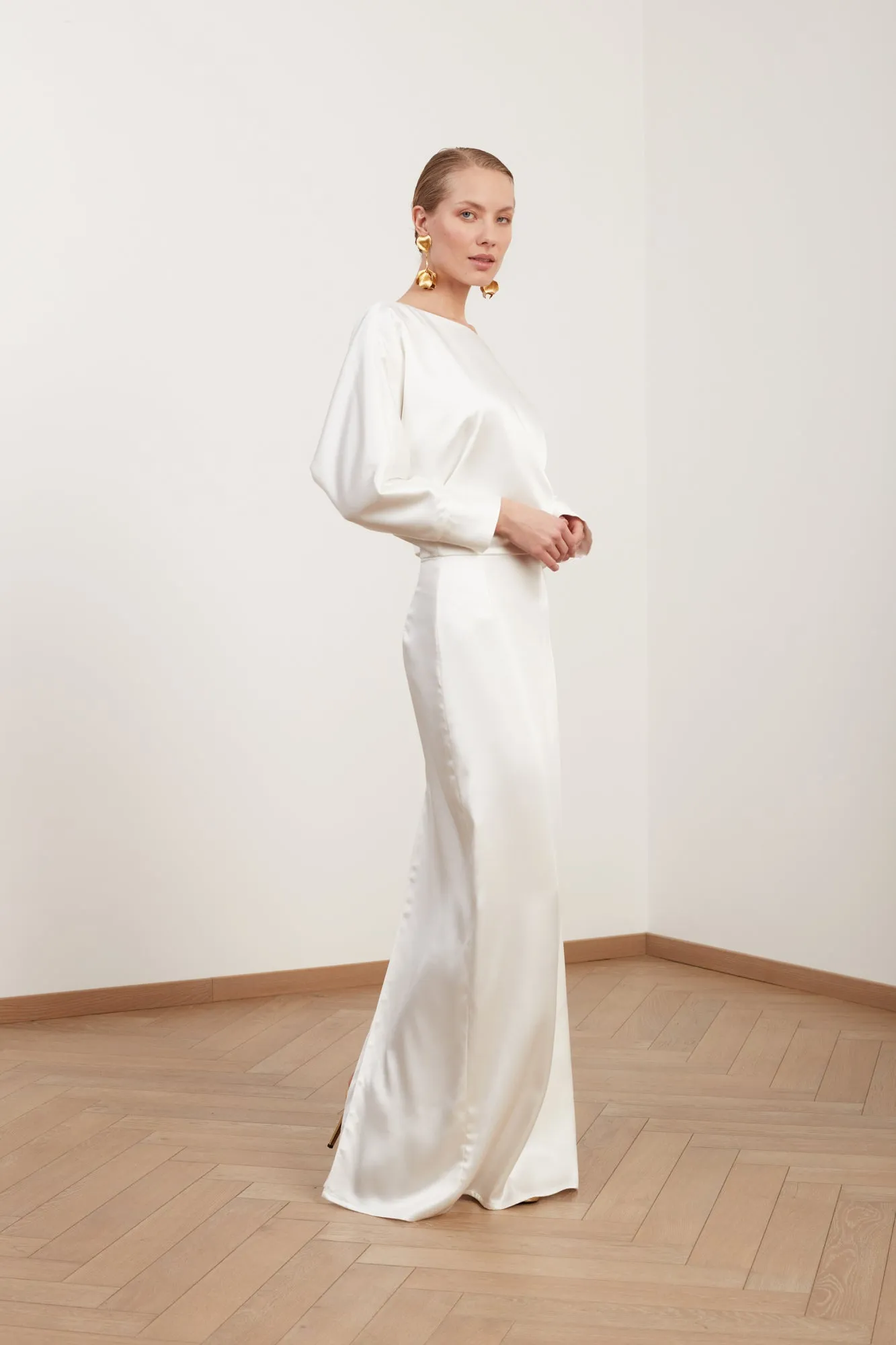 AGALIA soft satin off-the-shoulder maxi wedding dress with open shoulder