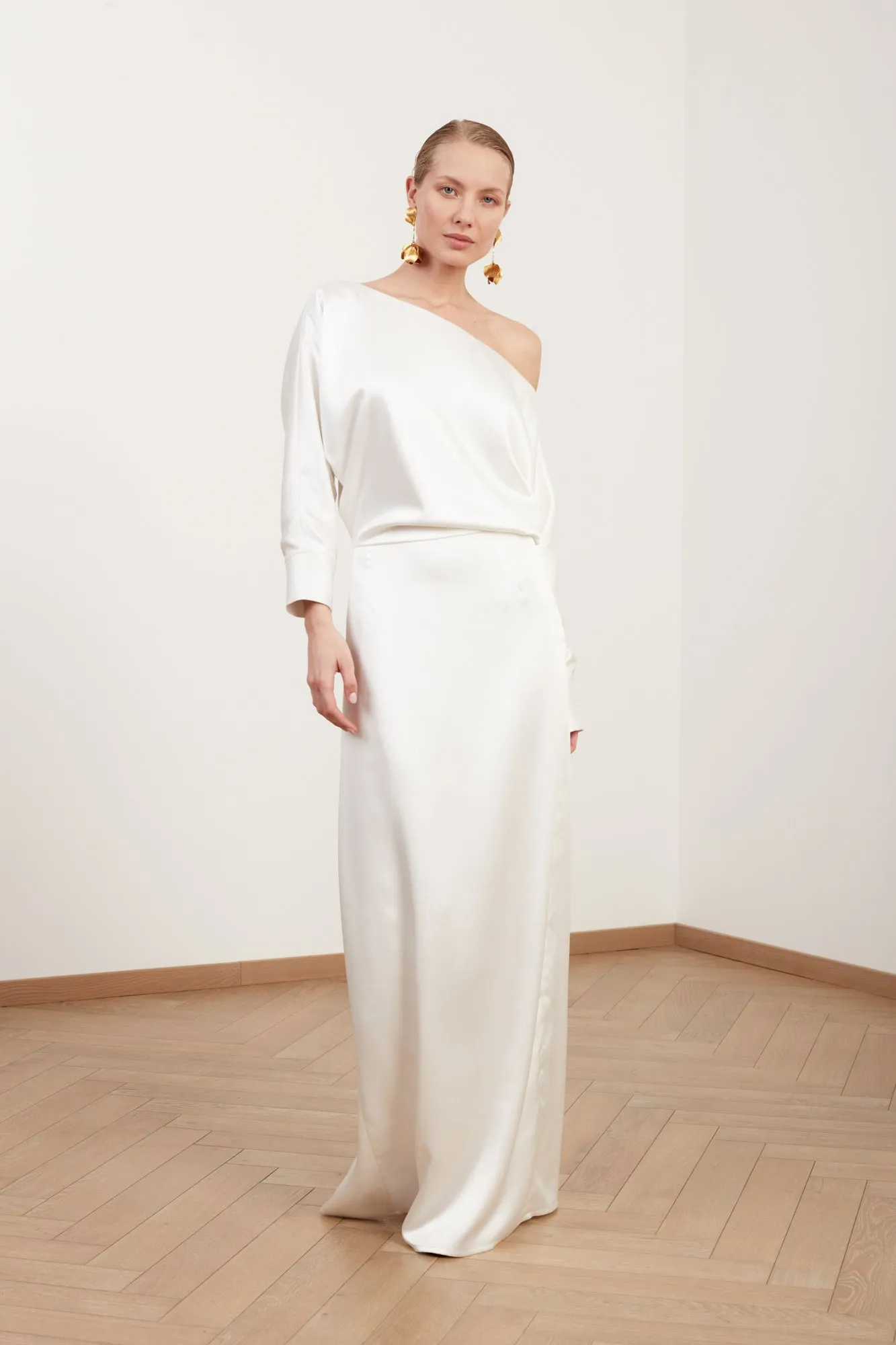 AGALIA soft satin off-the-shoulder maxi wedding dress with open shoulder