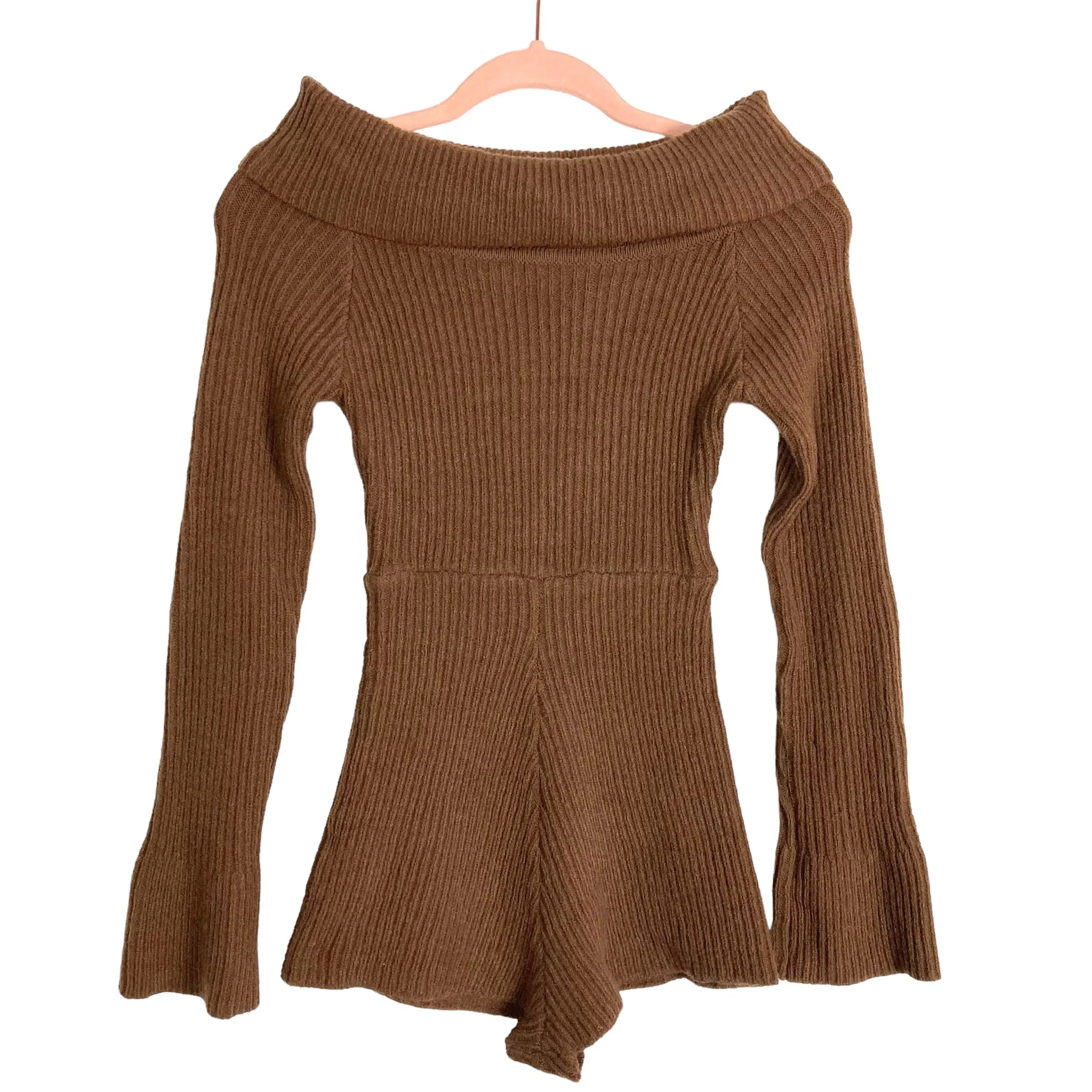 All the Ways Brown Ribbed Off the Shoulder Romper- Size S (sold out online)