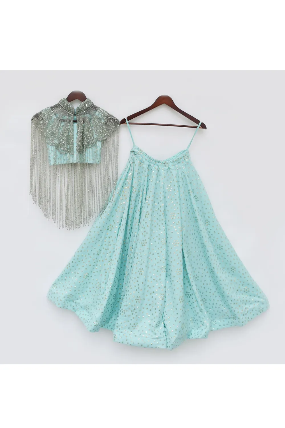 Aqua Blue Sleeveless Top And Palazzo With Cut Dana Embroidered Cape Set