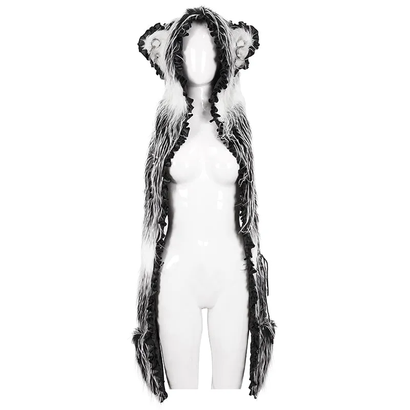 AS141 Black and White Long Hair Cat Ears Punk Hooded Scarf