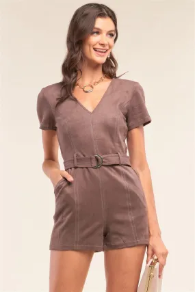 Ash Brown Suede Tight Fit V-Neck Belt Detail Romper /1-2-2-1