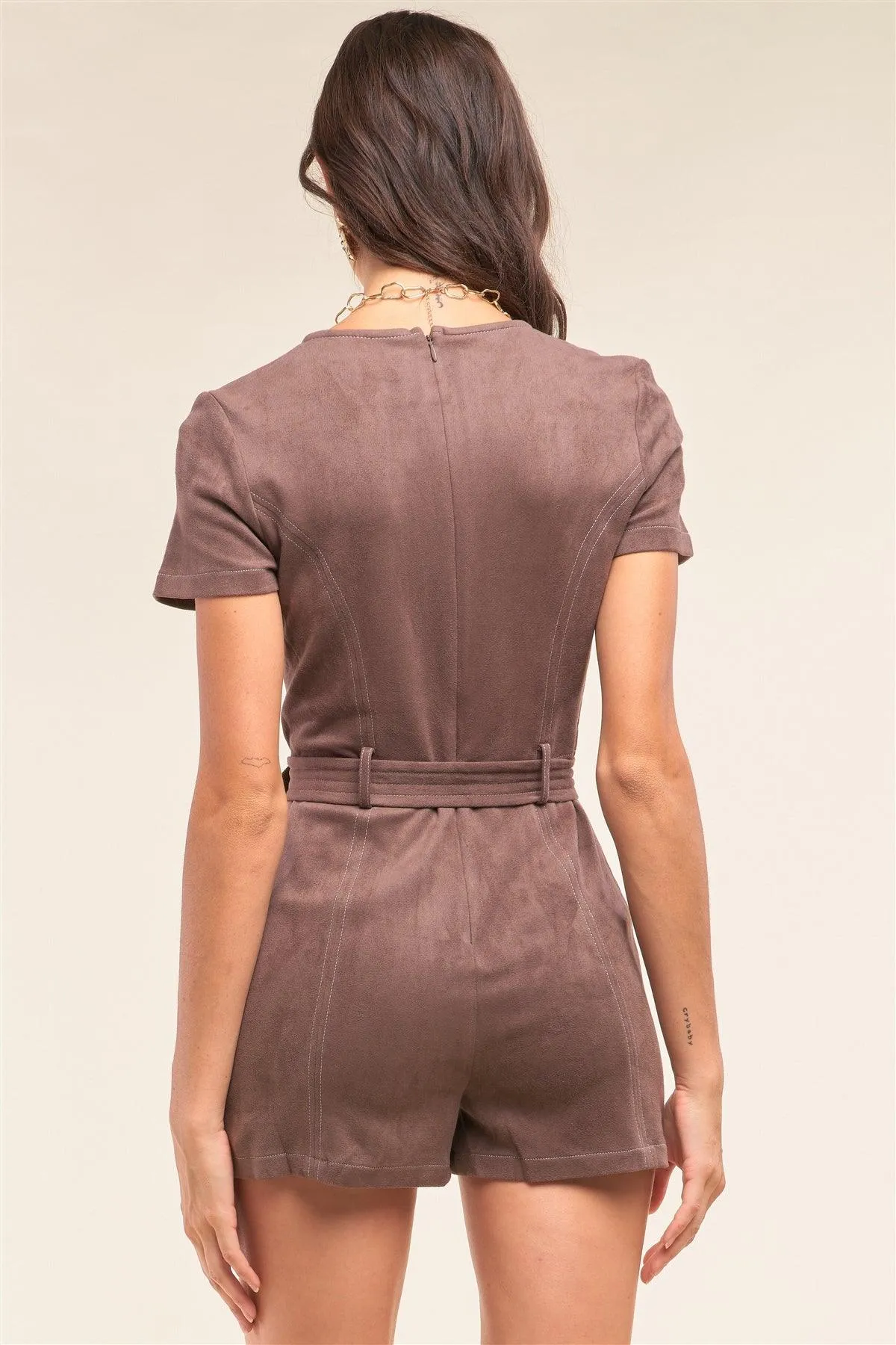 Ash Brown Suede Tight Fit V-Neck Belt Detail Romper /1-2-2-1