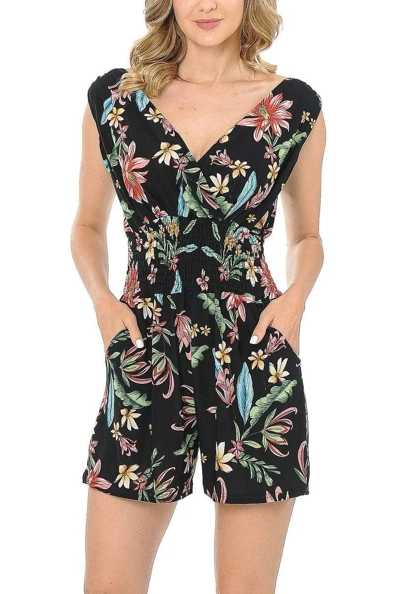 Auliné Collection Womens Sleeveless Front Back Wide V-Neck Short Jumpsuit Romper