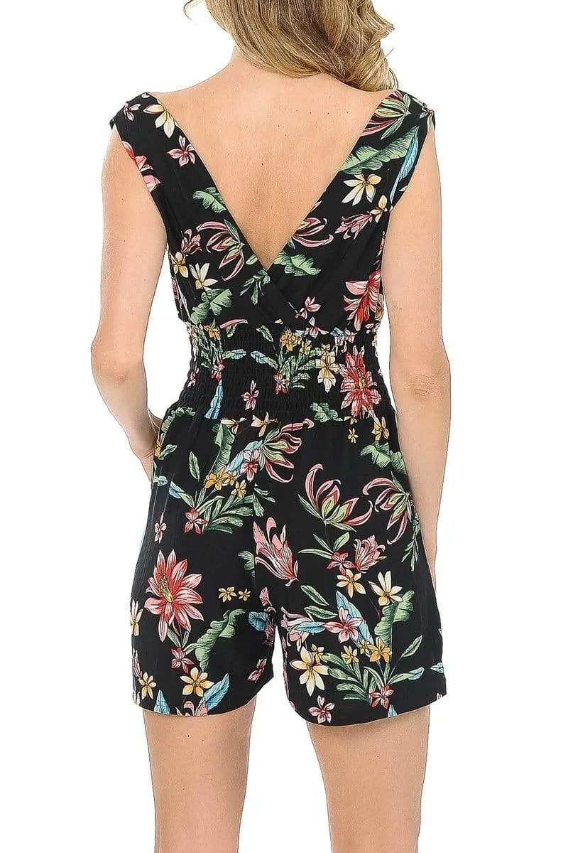 Auliné Collection Womens Sleeveless Front Back Wide V-Neck Short Jumpsuit Romper