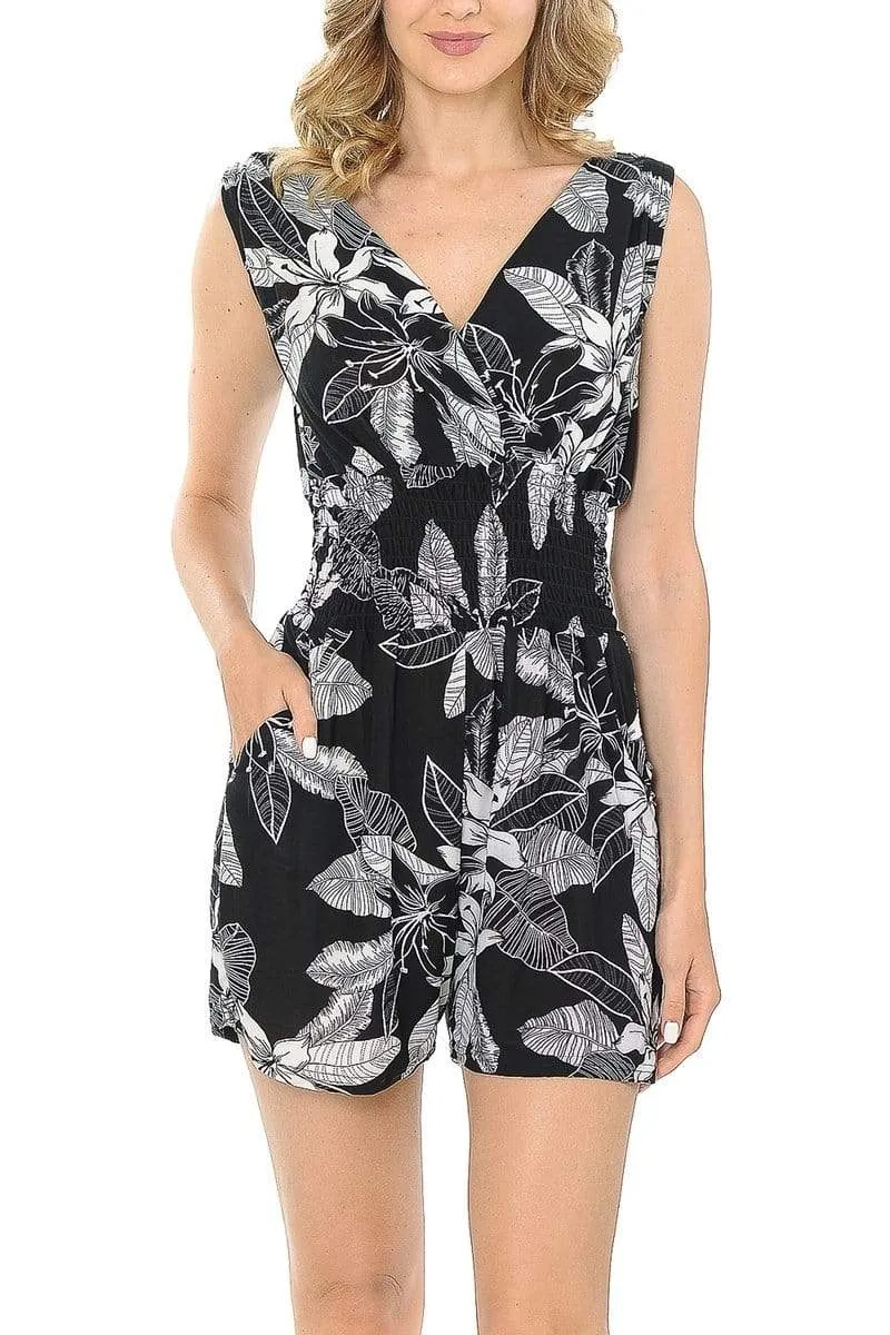 Auliné Collection Womens Sleeveless Front Back Wide V-Neck Short Jumpsuit Romper