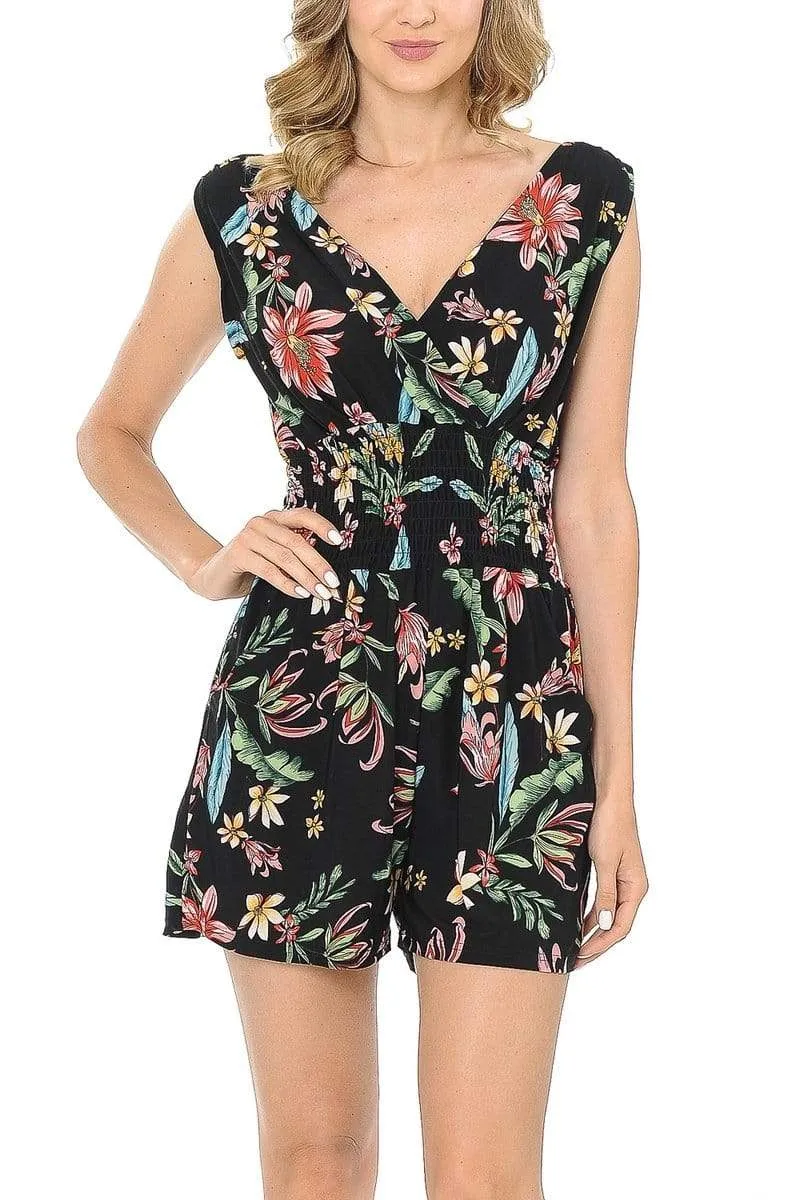 Auliné Collection Womens Sleeveless Front Back Wide V-Neck Short Jumpsuit Romper