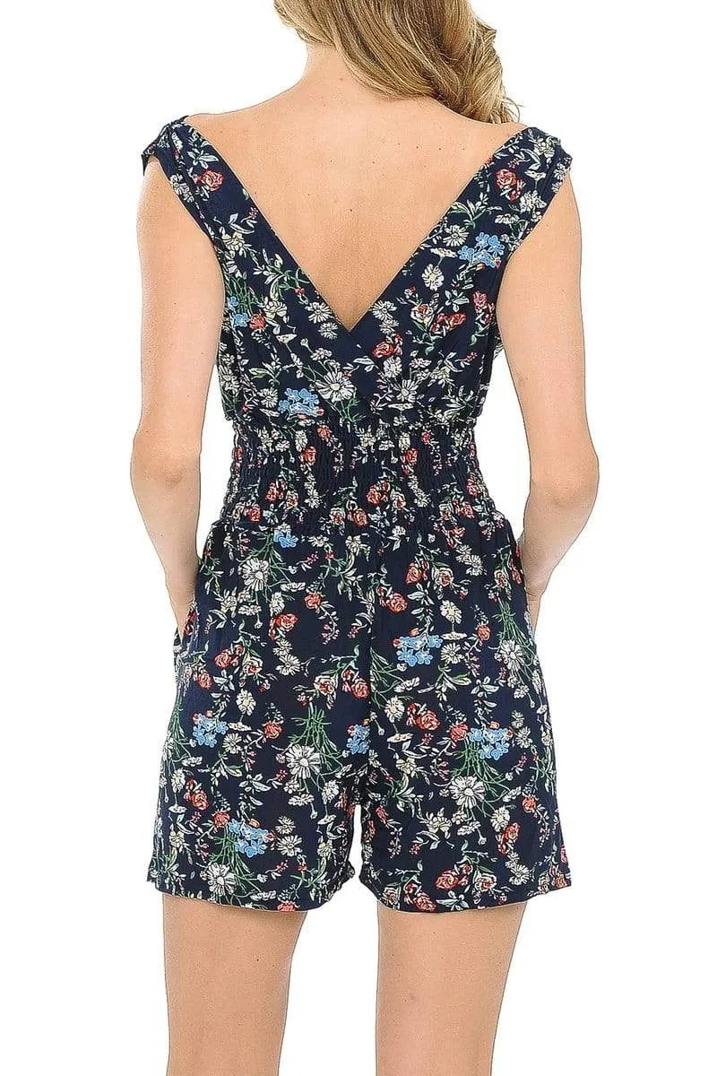 Auliné Collection Womens Sleeveless Front Back Wide V-Neck Short Jumpsuit Romper