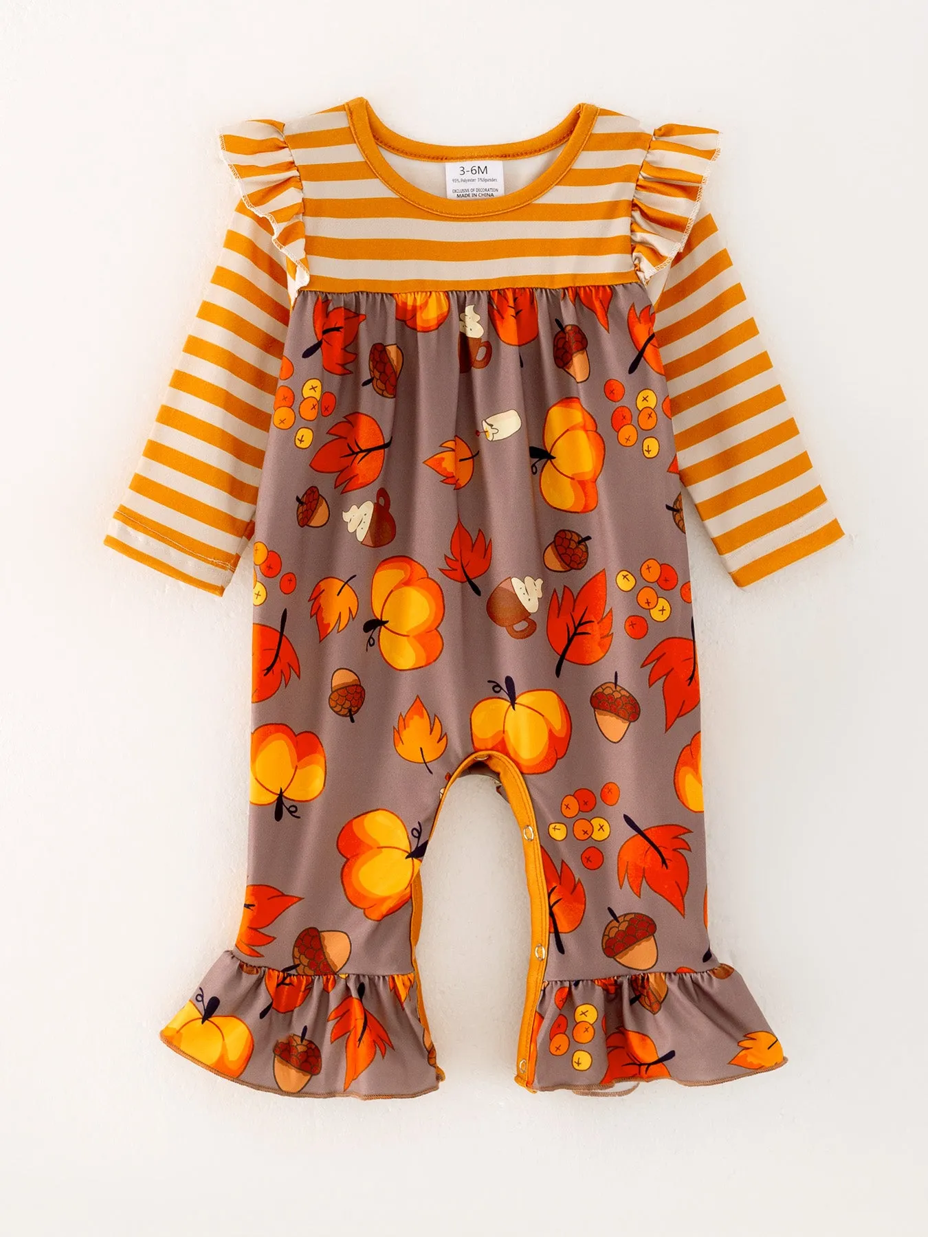 Autumn Leaves Pine Cone Stripe Print Girls Romper