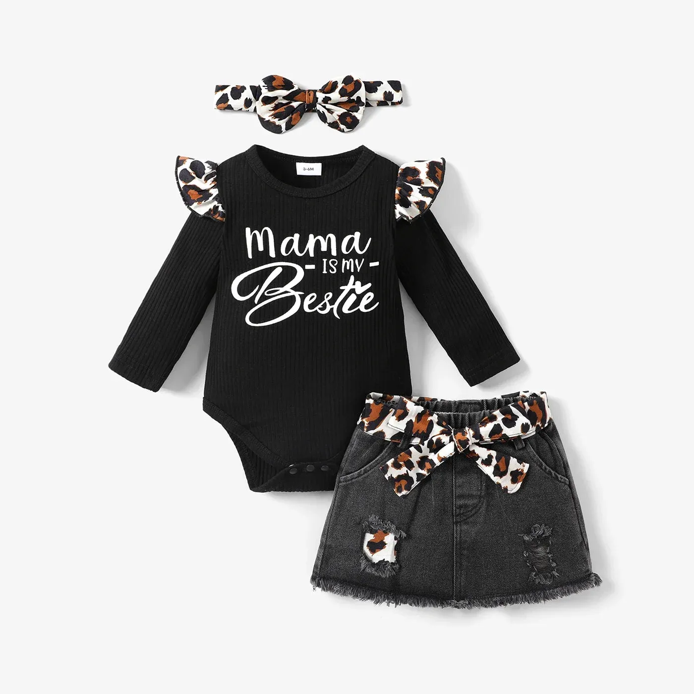 Baby Girl 100% Cotton Leopard Print Belted Ripped Denim Skirt and Letter Print Rib Knit Long-sleeve Romper 3pcs