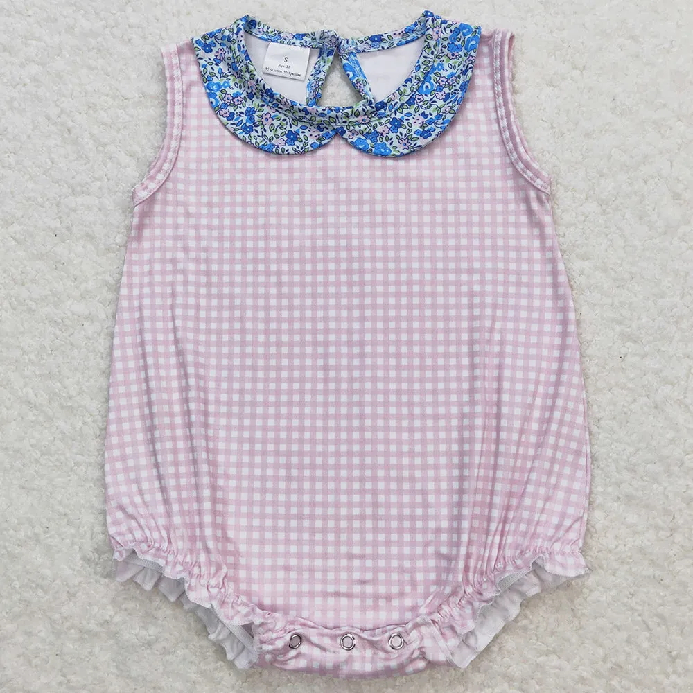 Baby Infant Girls Romper Pink Checkered Blue Floral Collar Rompers SR1087