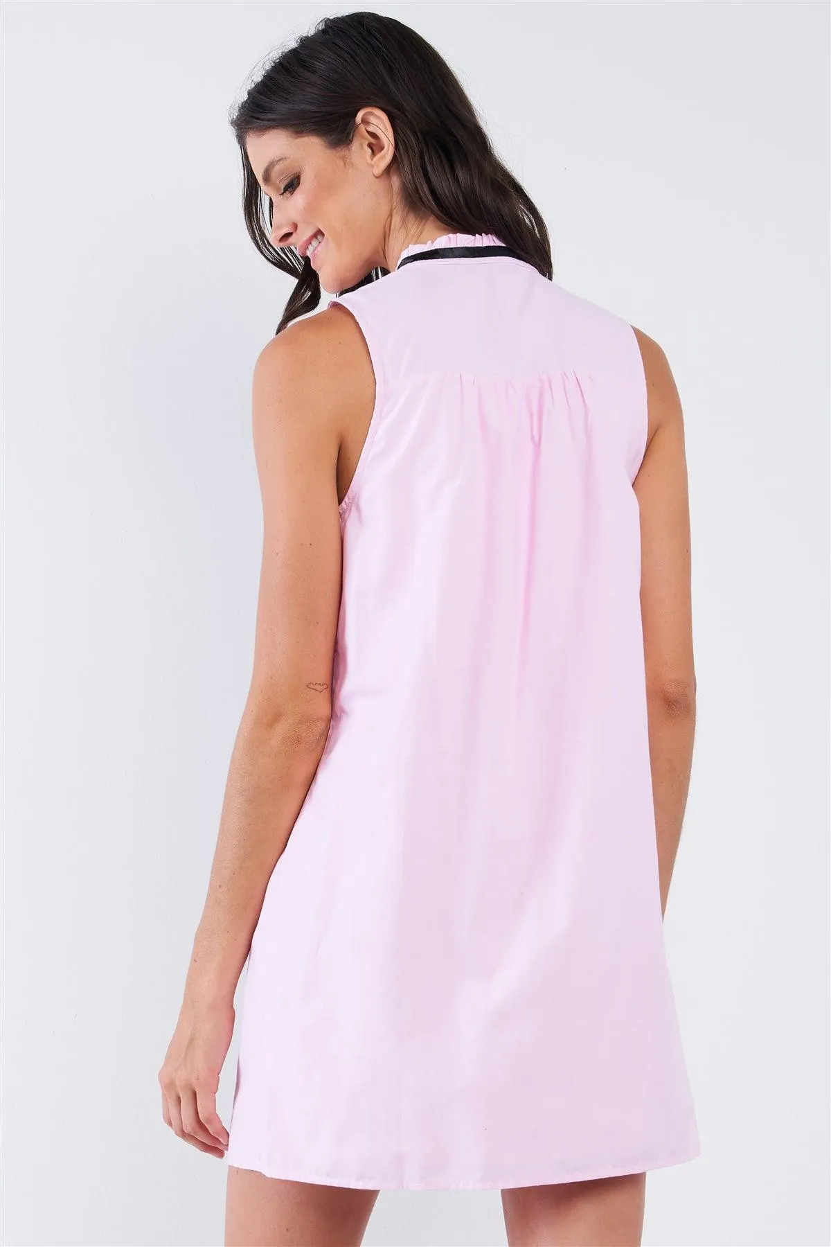 Baby Pink Button Down Ribbon Tie Babydoll Mini Dress