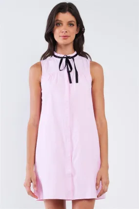 Baby Pink Button Down Ribbon Tie Babydoll Mini Dress