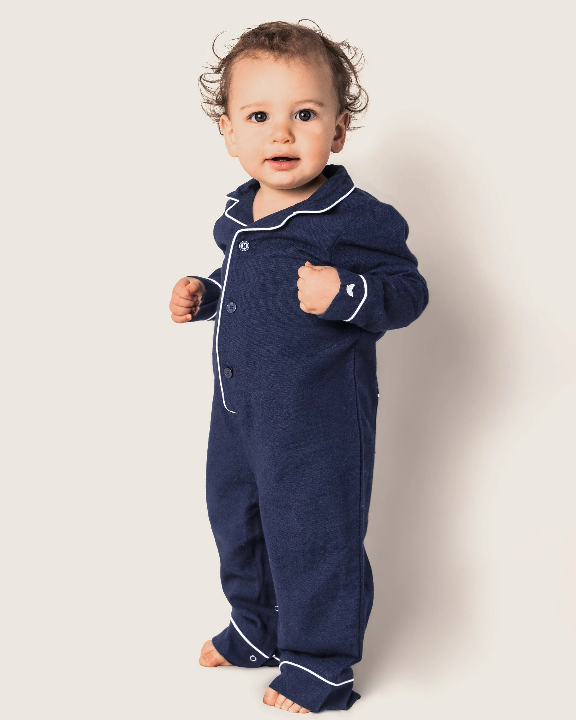 Baby's Flannel Romper | Navy with White Piping