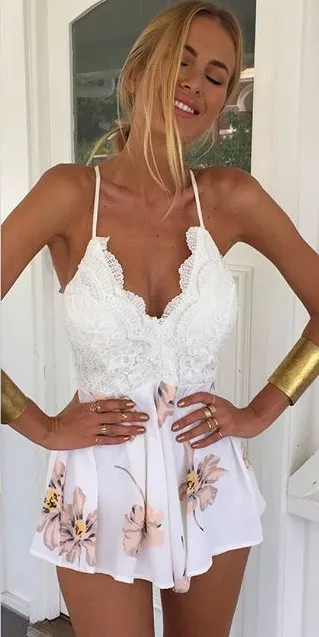 Backless Back Cross Lace Flower Print V-neck Romper