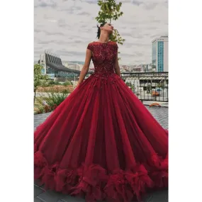 Ball Gown Burgundy Tulle Beaded Bateau Shor Sleeves Long Formal Evening Gowns