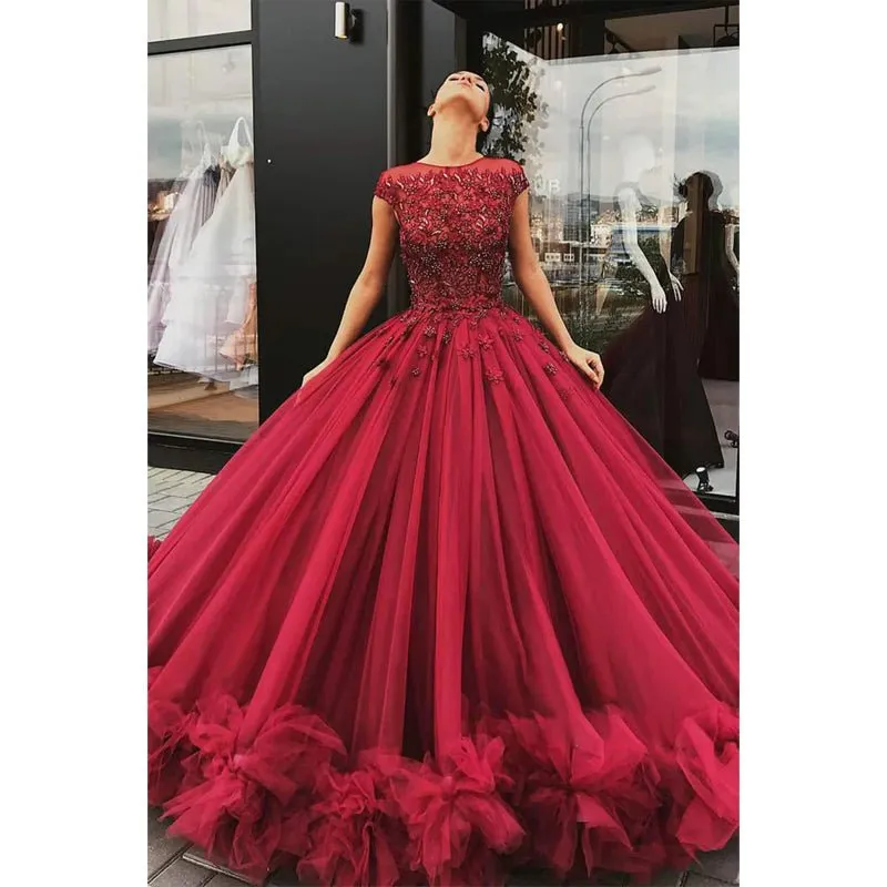 Ball Gown Burgundy Tulle Beaded Bateau Shor Sleeves Long Formal Evening Gowns