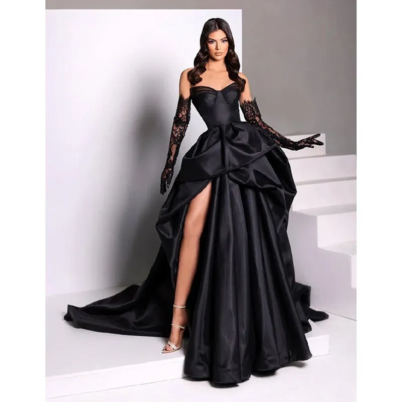 Ball Gown Sweetheart Side Slit Satin Pleated Long Formal Evening Gown