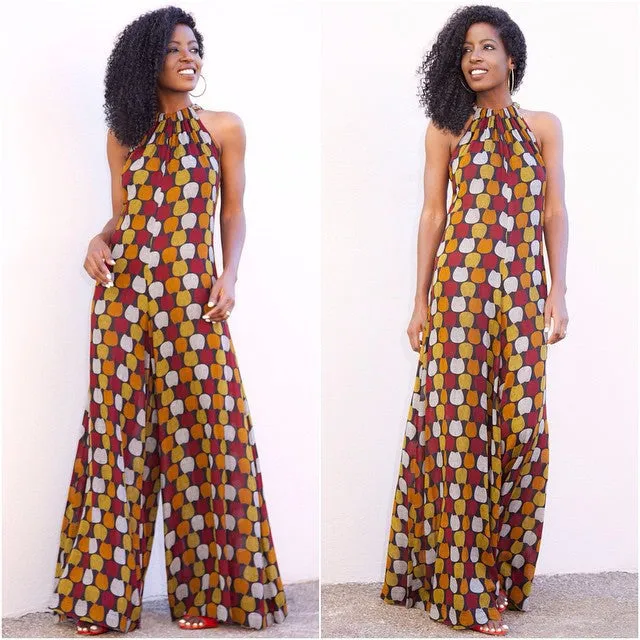 Bear Shoulder High Neck Print Wide Legs Loose Long Jumpsuit