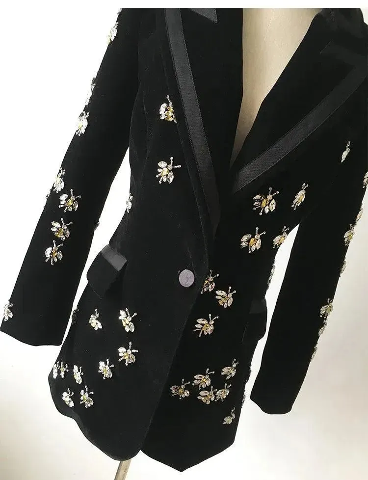 Bees Beaded Velvet Blazer Women - Casual - Printed