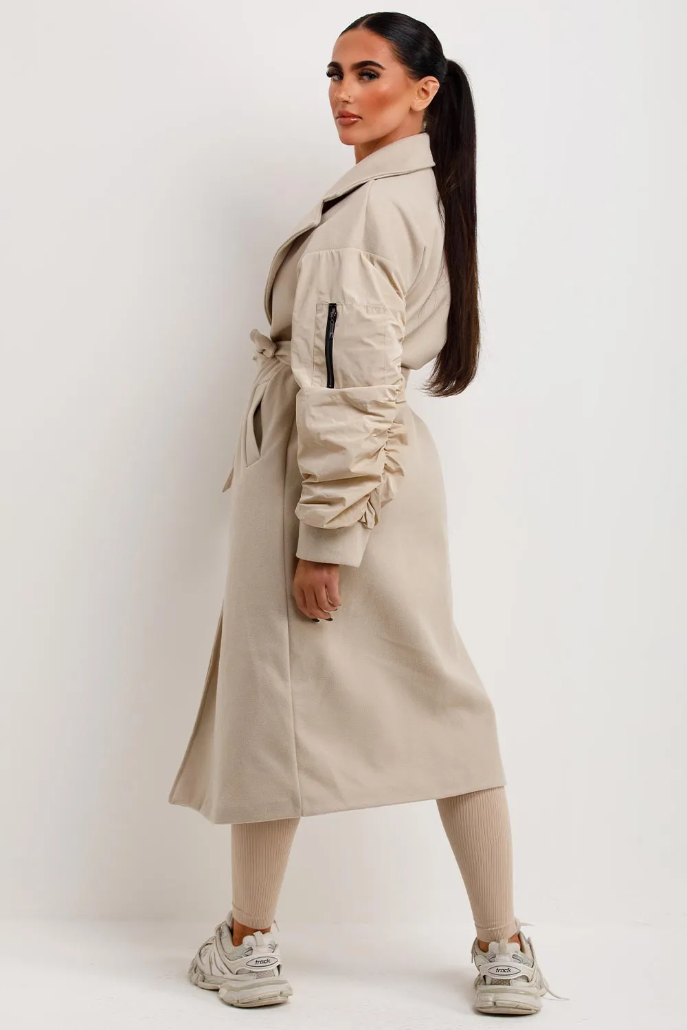 Beige Long Wrap Coat With Ruched Sleeves