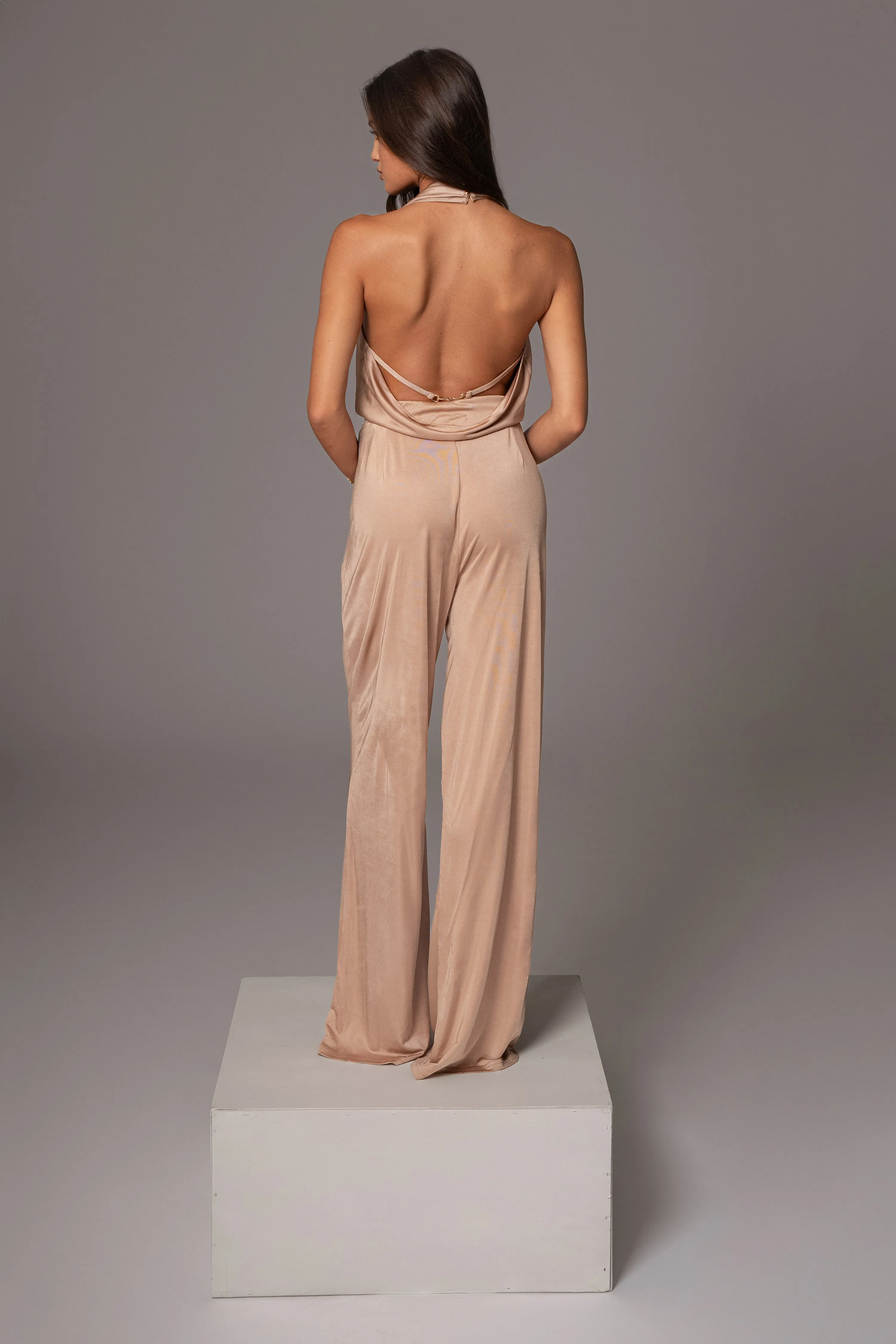 Beige Slinky Halter Belted Jumpsuit