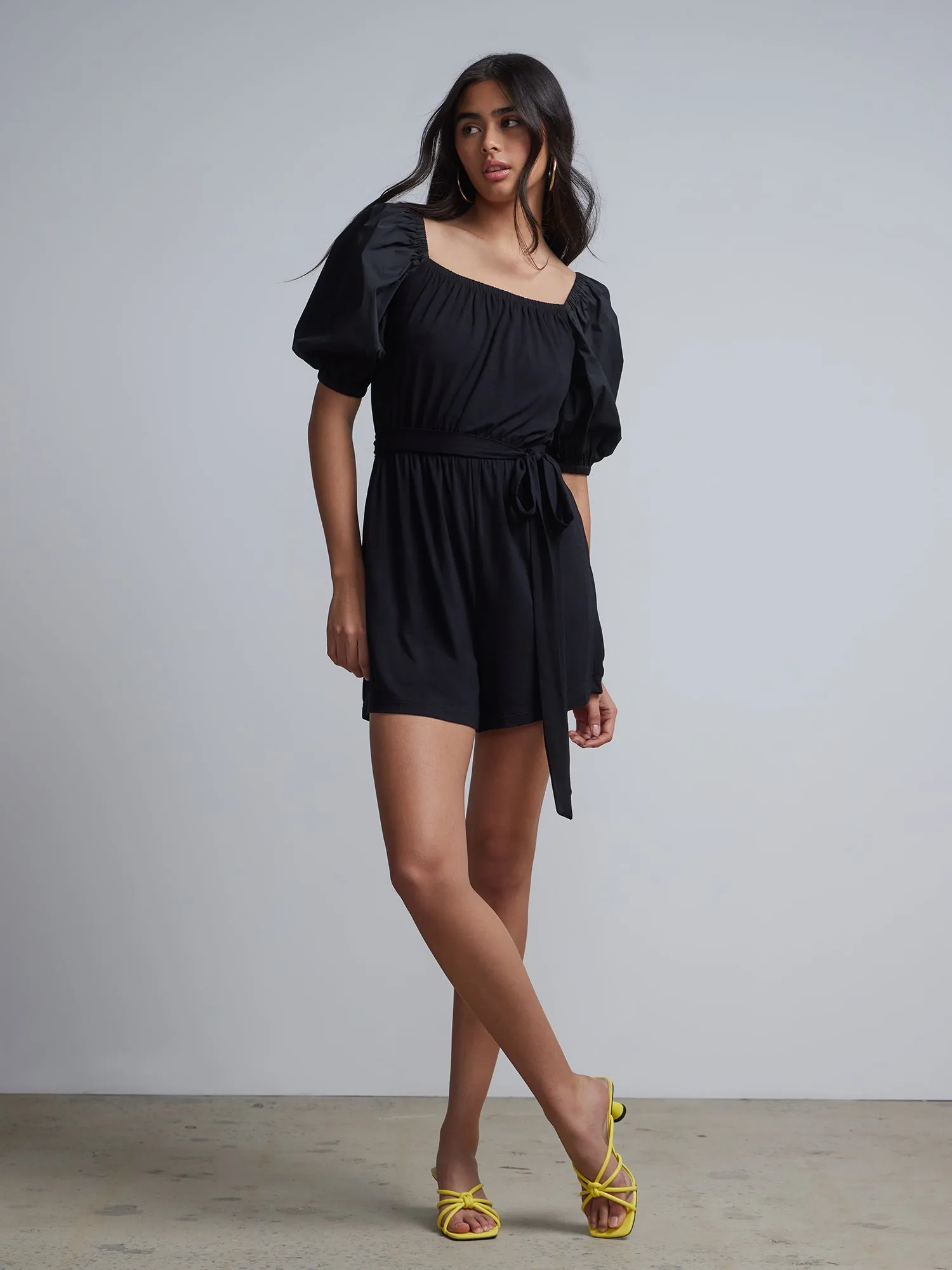 Belted Square-Neck Poplin Romper