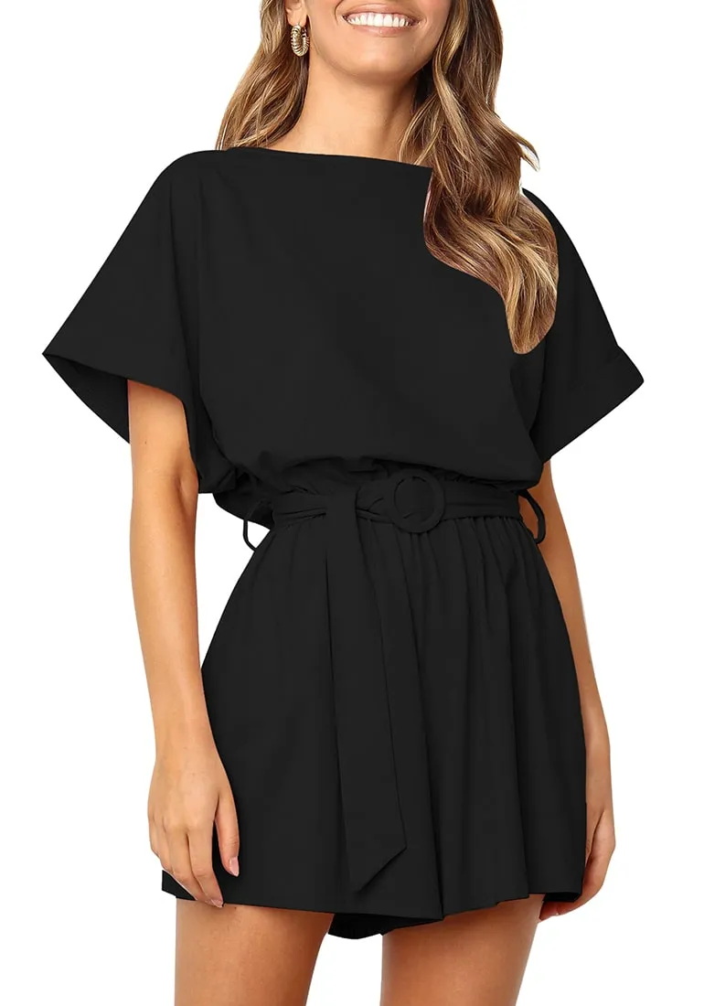 Black Elastic-Waist Short Sleeves Belted Loose Romper