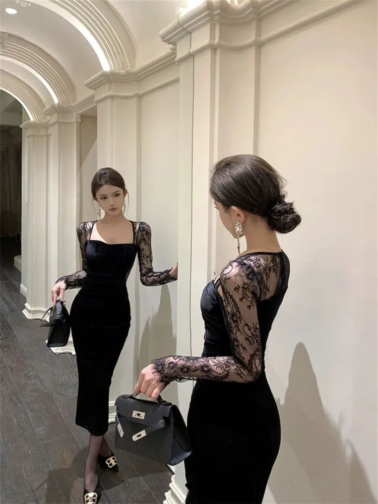 Black evening gown luxury sexy square neck velvet dress    S5840