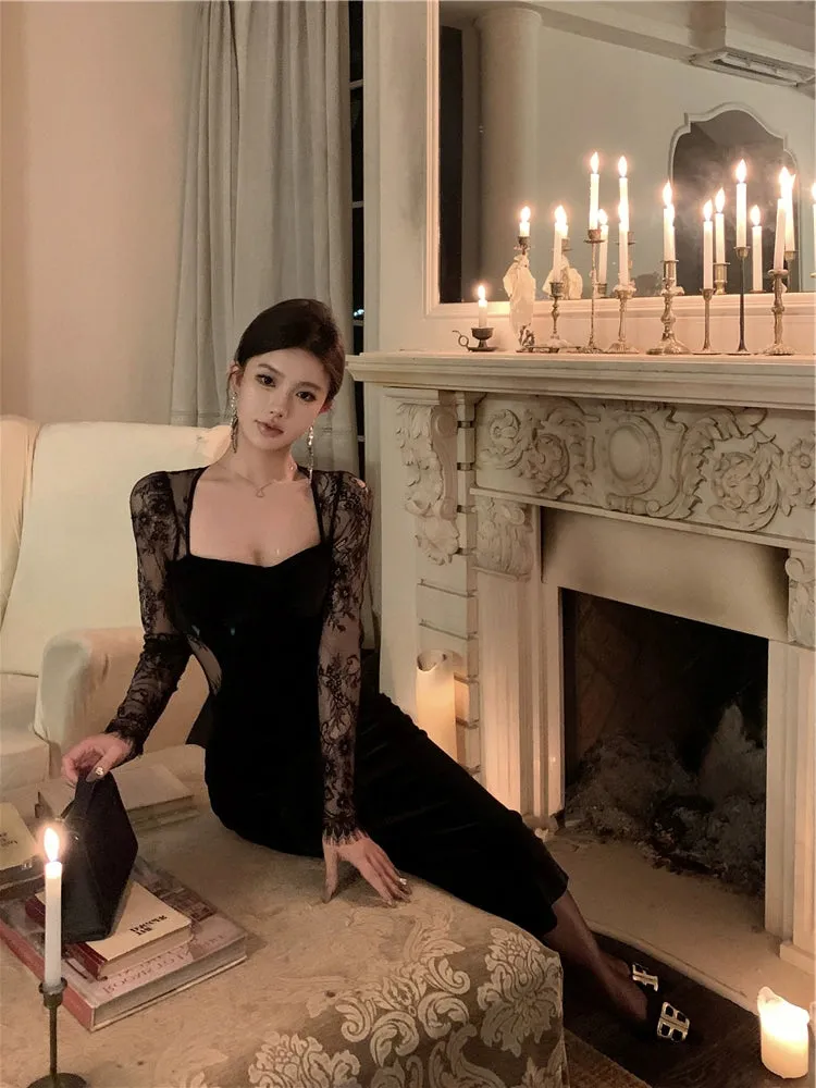 Black evening gown luxury sexy square neck velvet dress    S5840