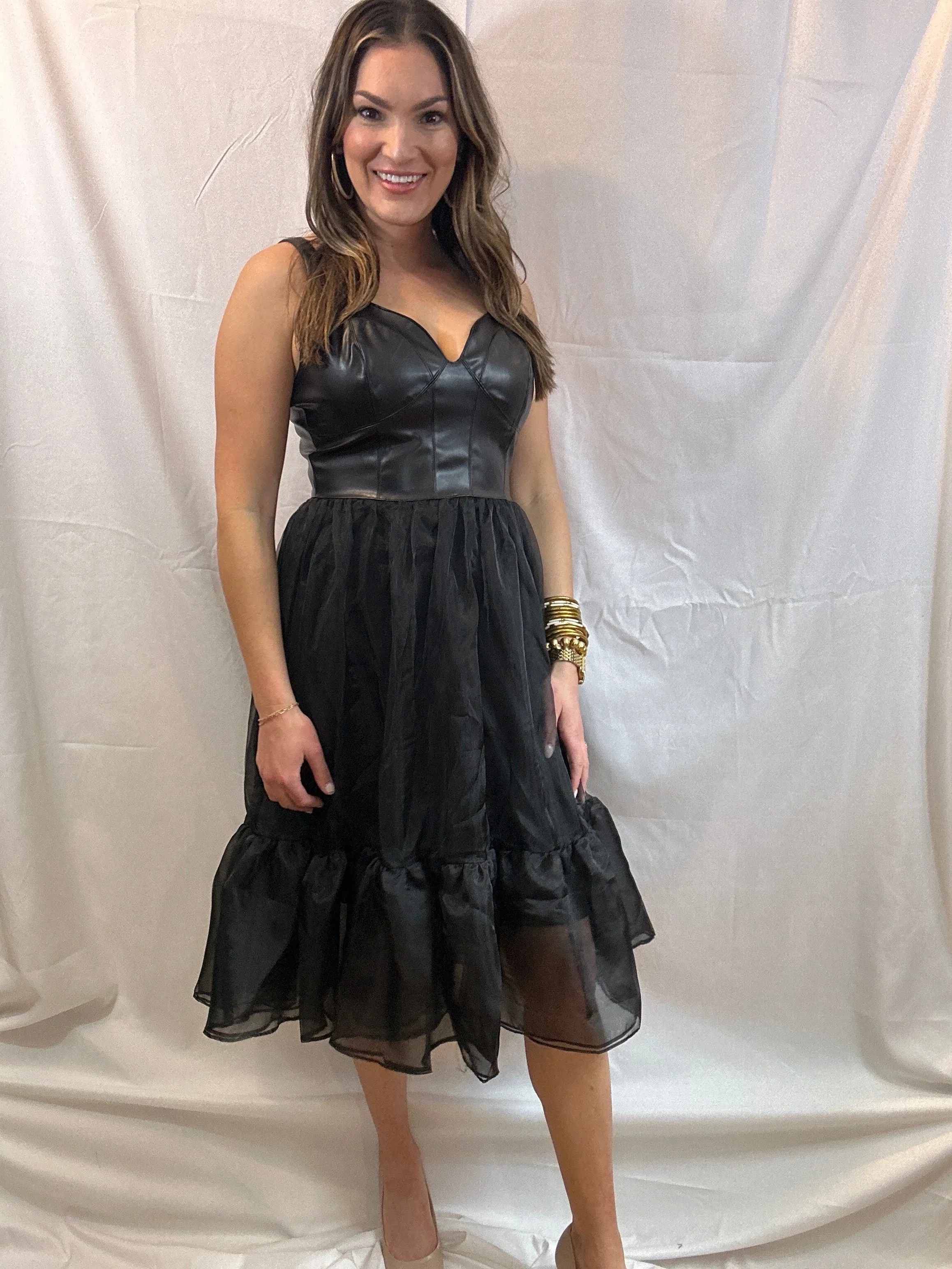 Black Faux Leather/Ruffle Midi Dress