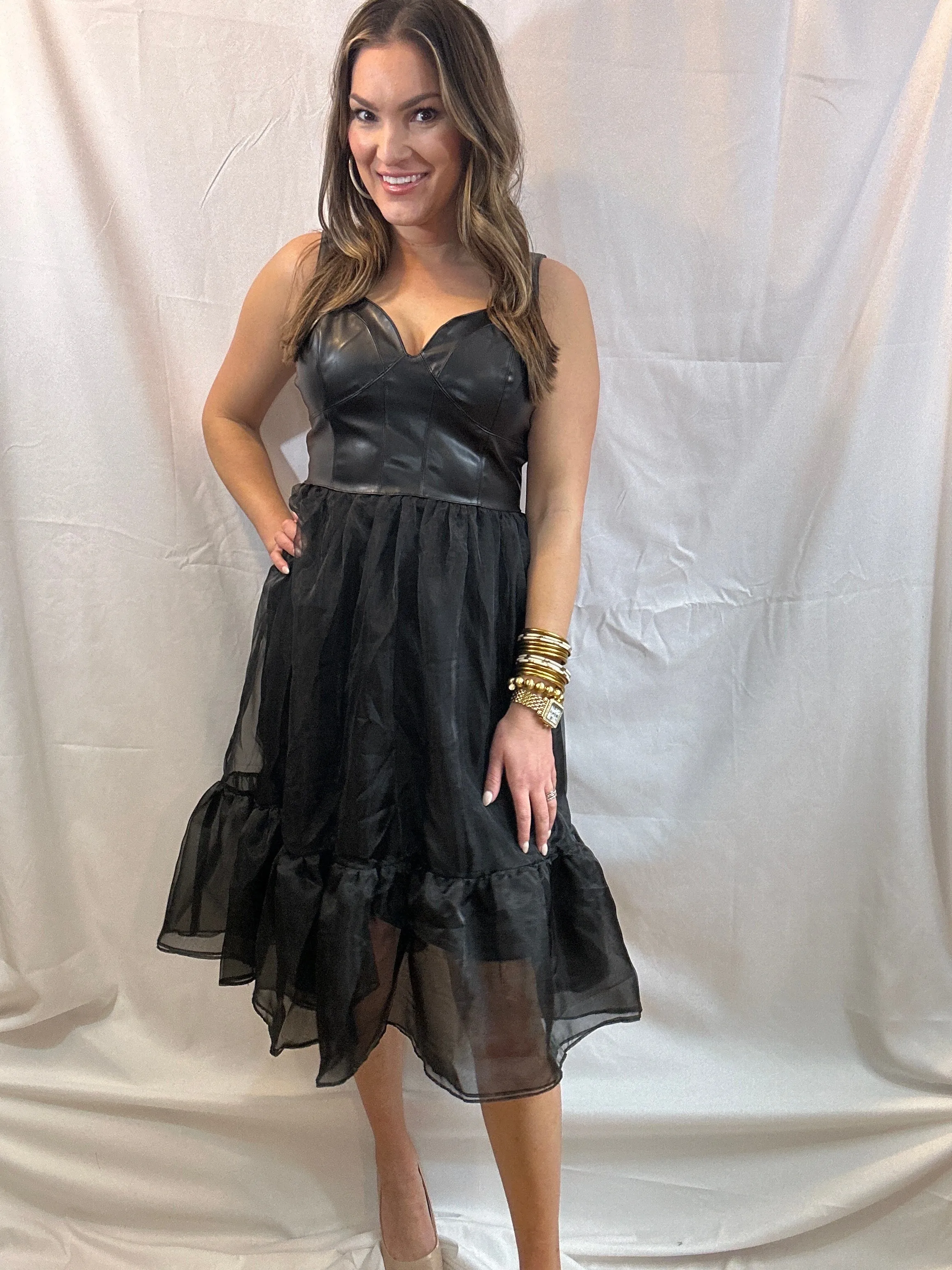 Black Faux Leather/Ruffle Midi Dress