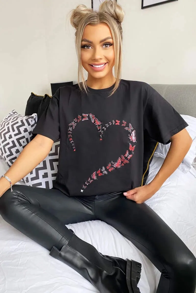 Black oversize butterfly heart T shirt