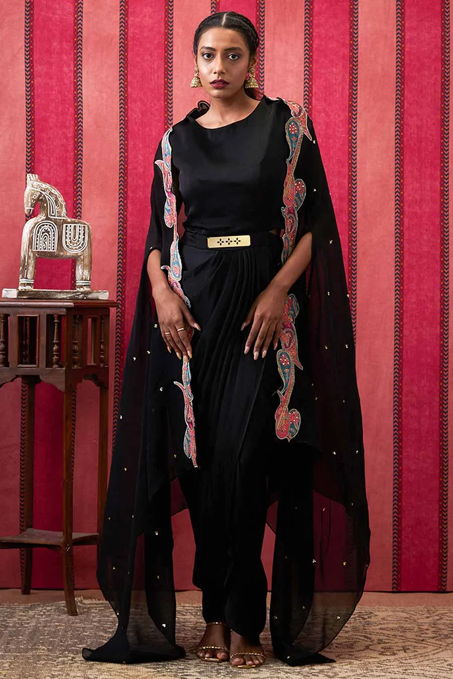 Black Qala Drape Dress with Applique Cape Set