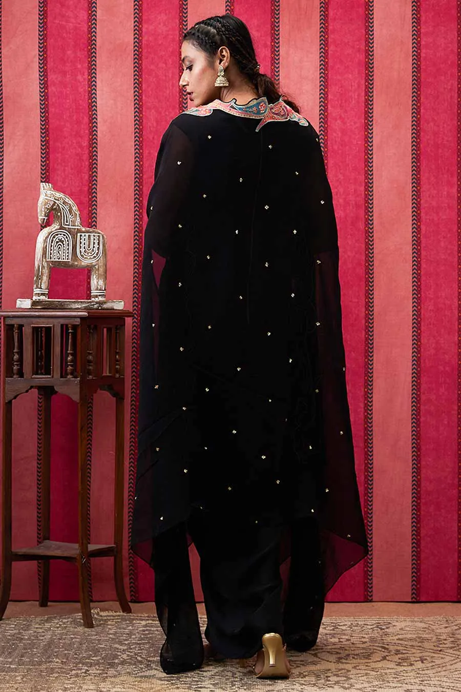 Black Qala Drape Dress with Applique Cape Set