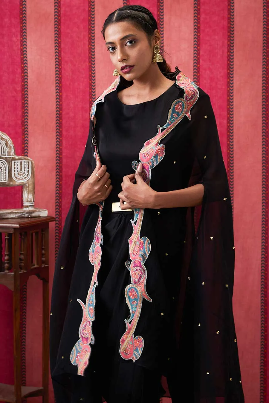 Black Qala Drape Dress with Applique Cape Set