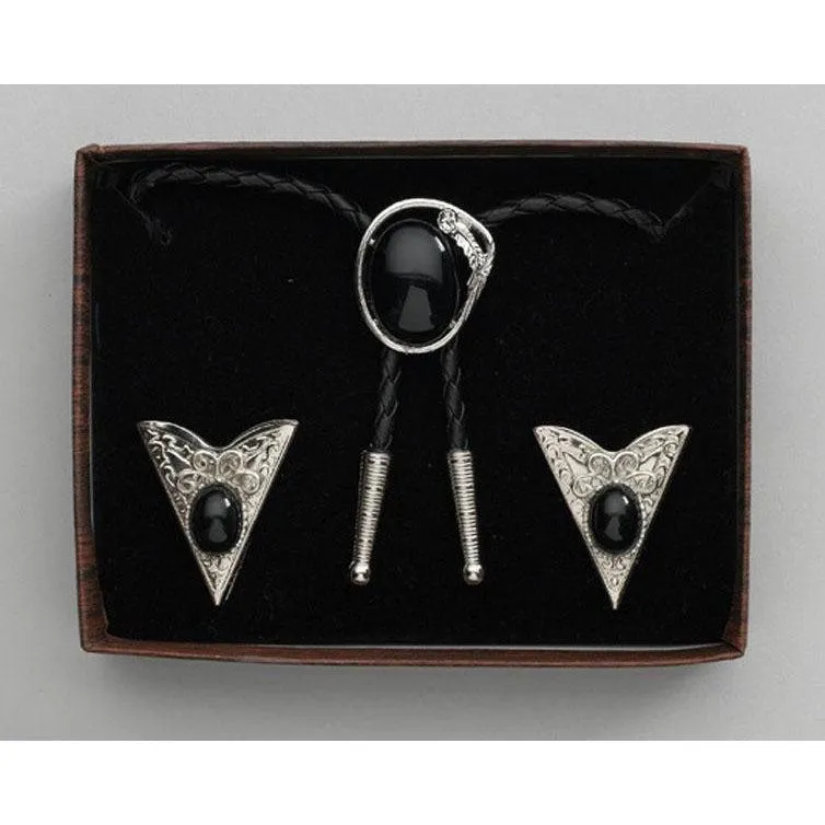 Black Stone Bolo Tie & Collar Tip Set