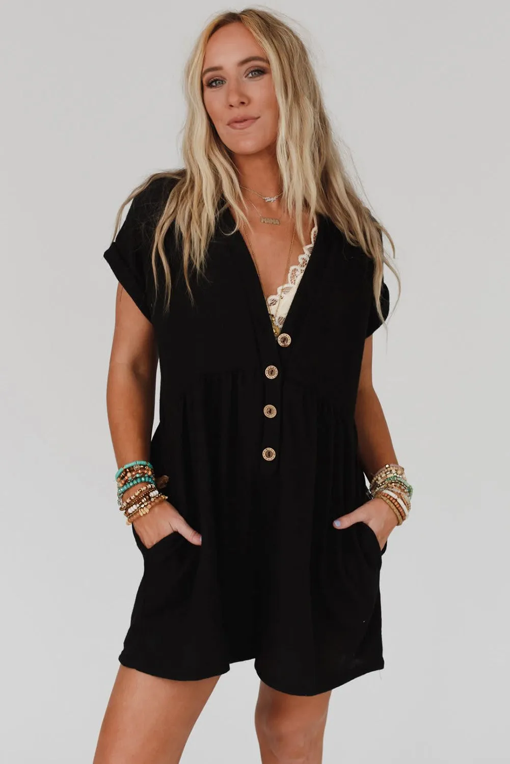 Black V Neck Buttons Loose Cuffed Short Sleeve Romper