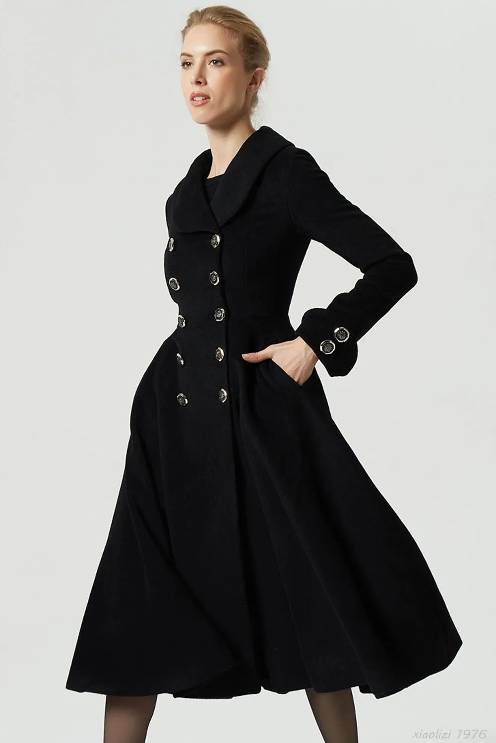 black winter double breasted wool coat  1976#