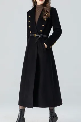 Black winter long wool coat women 4783