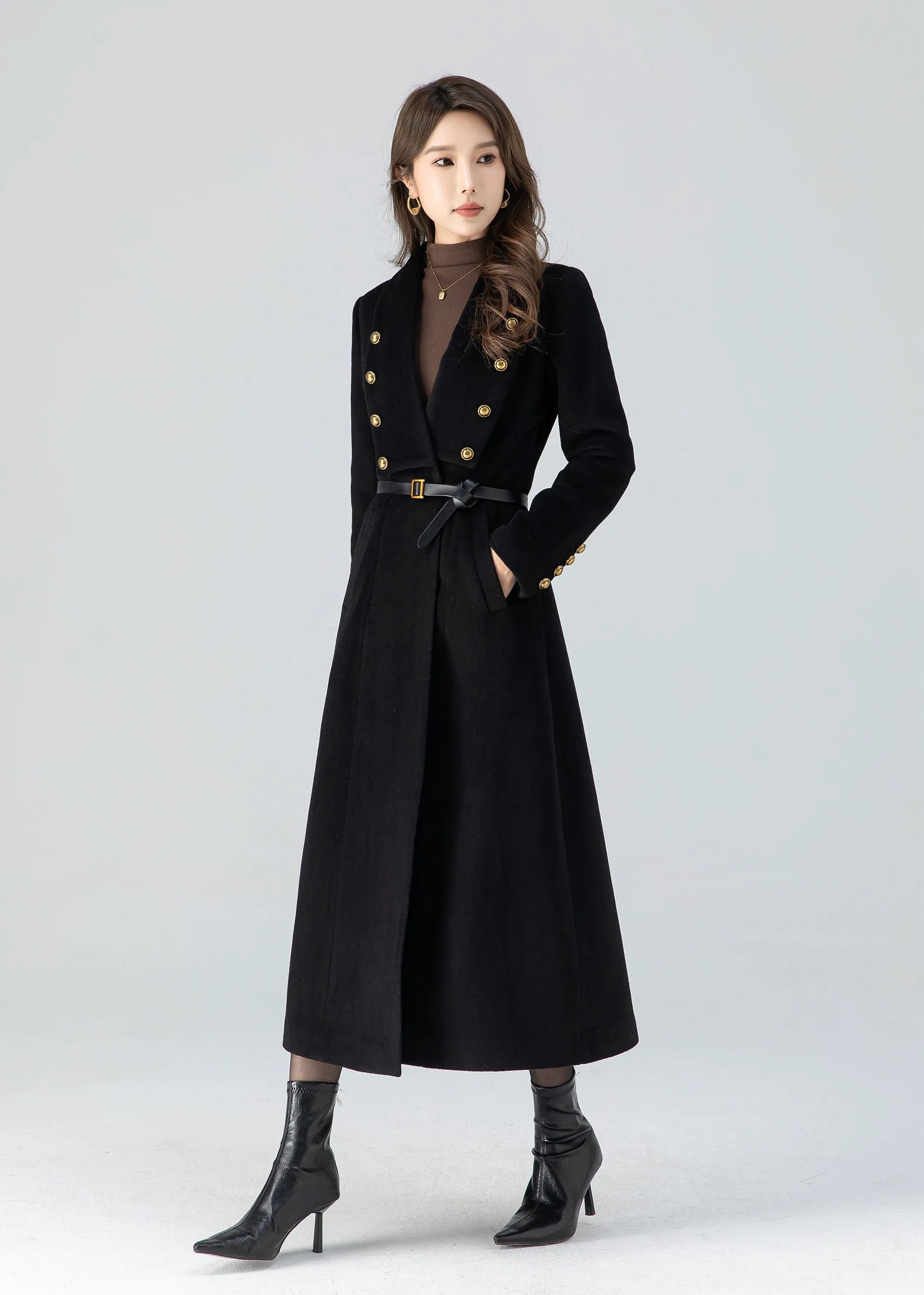 Black winter long wool coat women 4783