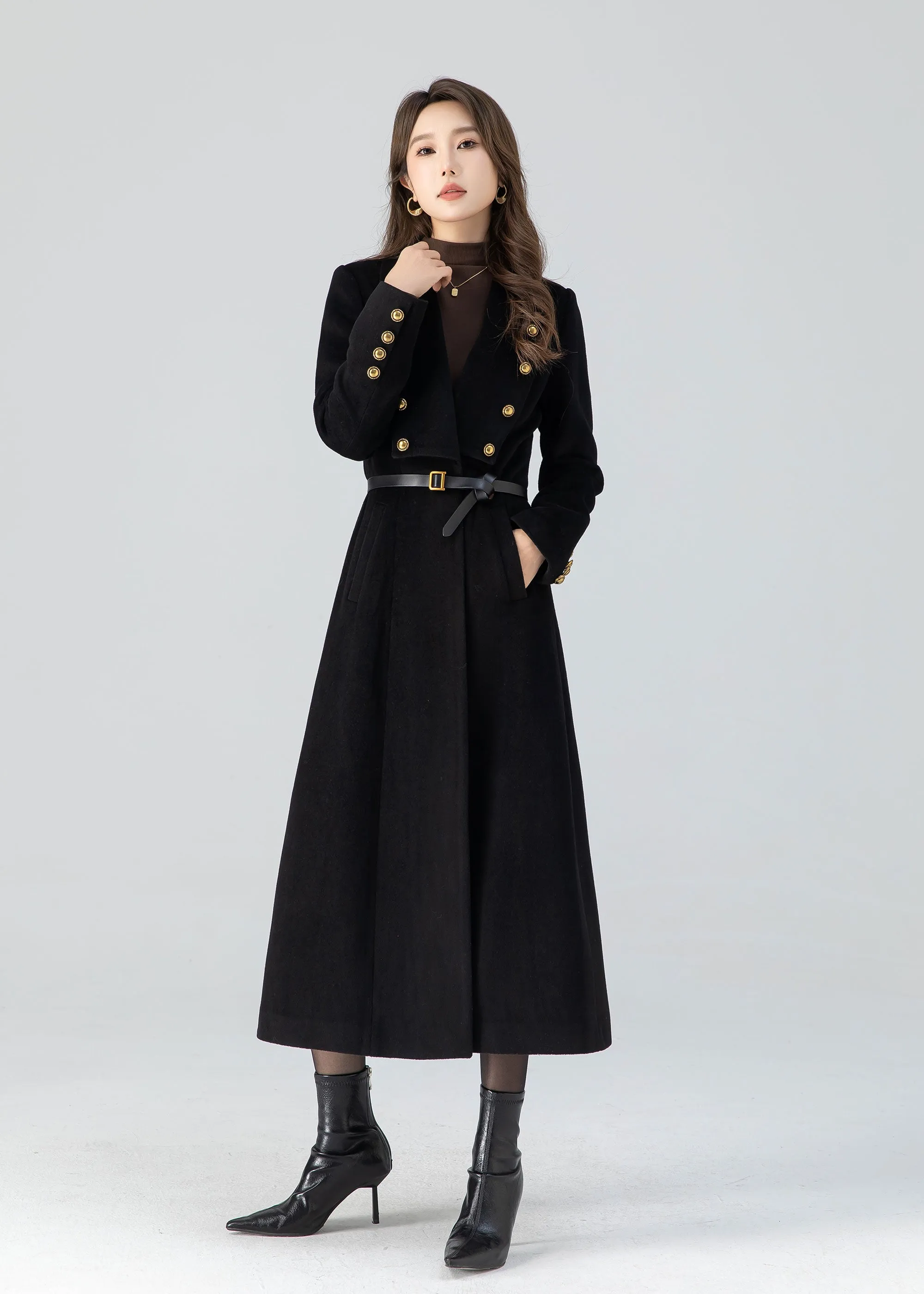 Black winter long wool coat women 4783