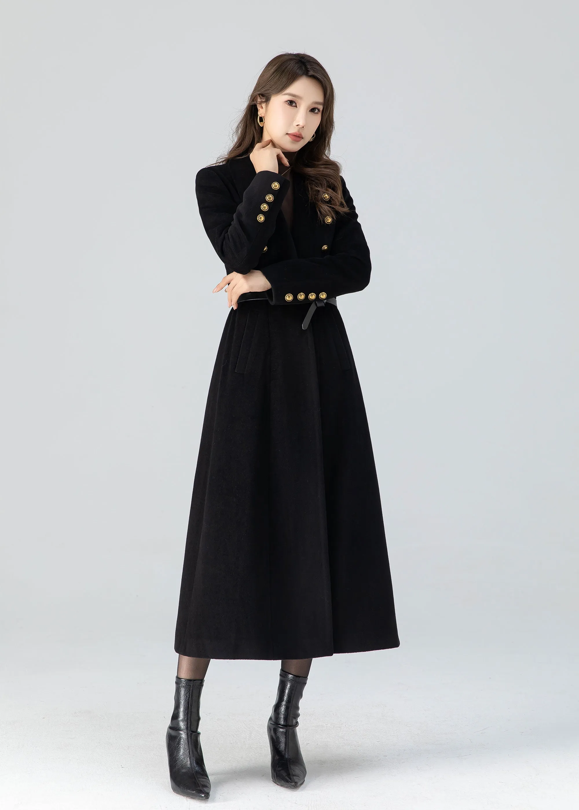 Black winter long wool coat women 4783