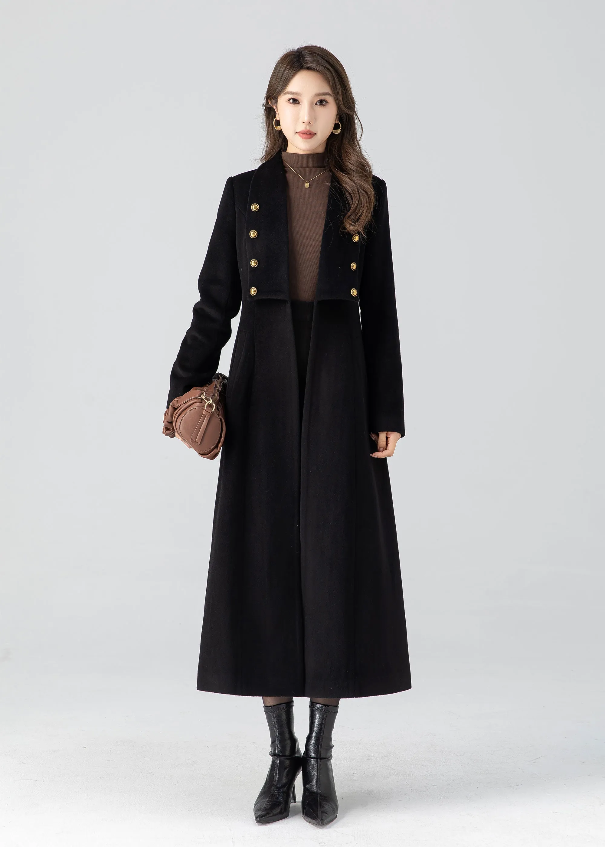 Black winter long wool coat women 4783