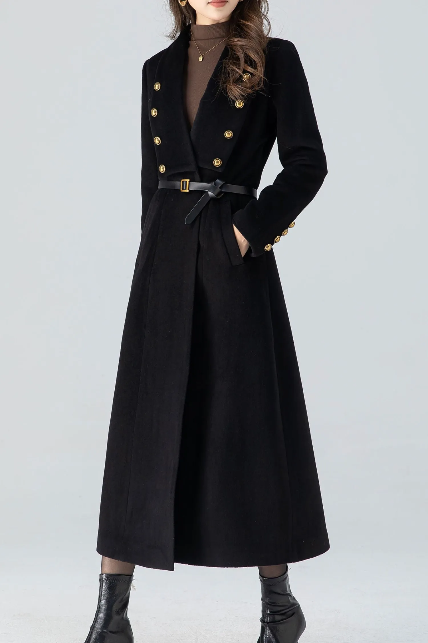 Black winter long wool coat women 4783